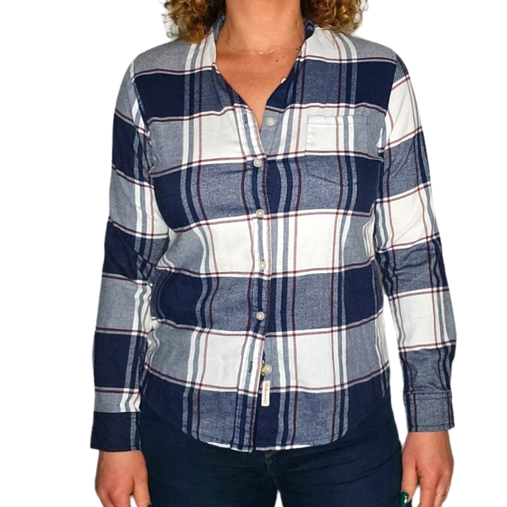 Weatherproof Vintage Comfort Stretch Button-Up Blue Plaid Shirt Size Medium
